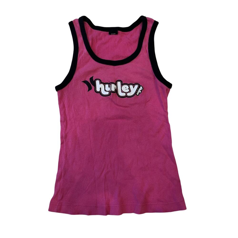 Vintage 2000s Hurley Enjoy Pink Ribbed Tank Top Black Trim Y2K